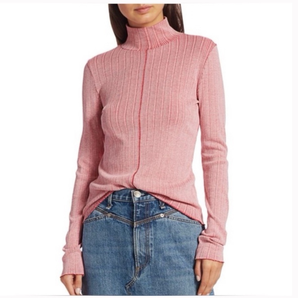RAG & BONE Elina Pink/Red Stretch Knit Ribbed Turtleneck Sweater. Size S